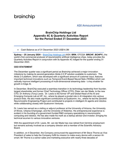 Miniature BrainChip Rapport trimestriel 2023-q4