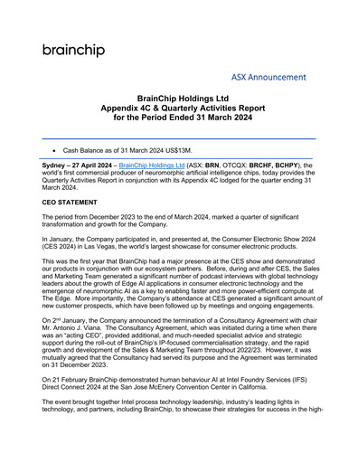 Miniature BrainChip Rapport trimestriel 2024-q1
