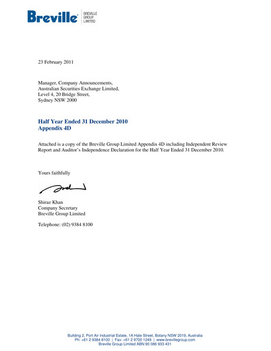 Vorschaubild Breville Group Halbjahresbericht 2011-h1