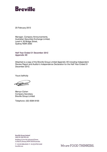 Vorschaubild Breville Group Halbjahresbericht 2013-h1