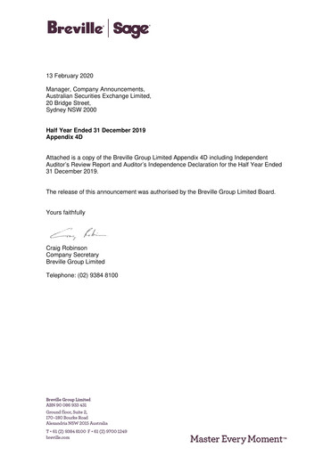 Vorschaubild Breville Group Halbjahresbericht 2020-h1