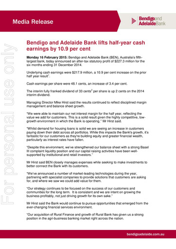 Thumbnail Bendigo and Adelaide Bank Half-year Report 2015-h1