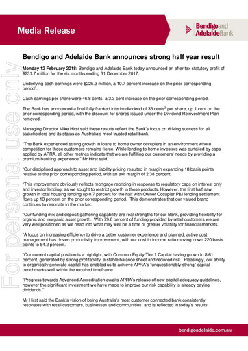 Thumbnail Bendigo and Adelaide Bank Half-year Report 2018-h1