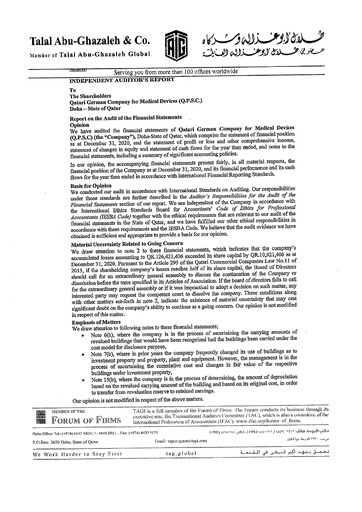 Thumbnail Qatari German Company for Medical Devices Financial Statement 2020