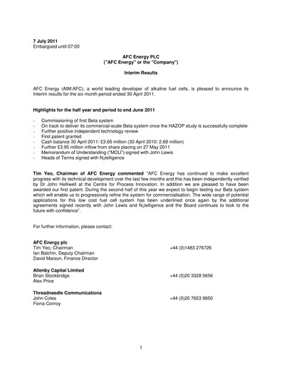 Vorschaubild AFC Energy Halbjahresbericht 2011-h1