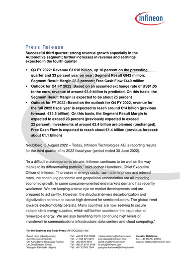 Miniature Infineon Bilan financier 2022-q3