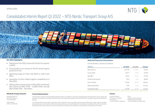 Miniature NTG Nordic Transport Group A/S Rapport trimestriel 2022-q1