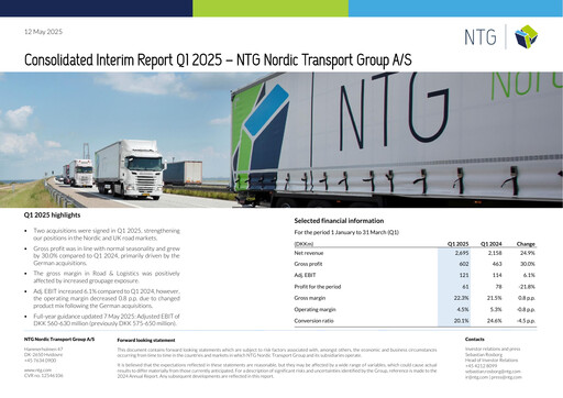 Miniature NTG Nordic Transport Group A/S Rapport trimestriel 2025-q1