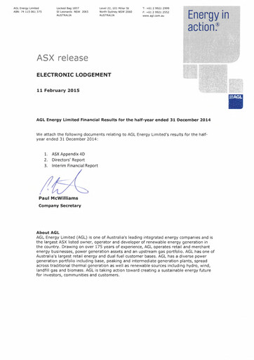 Vorschaubild AGL Energy
 Halbjahresbericht fy2015-h1