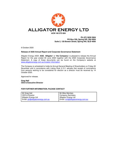 Thumbnail Alligator Energy Annual Report 2020