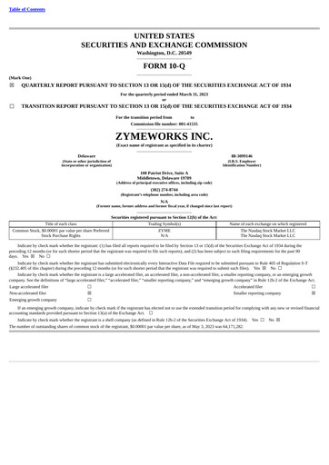 Miniature Zymeworks Rapport trimestriel 2023-q1