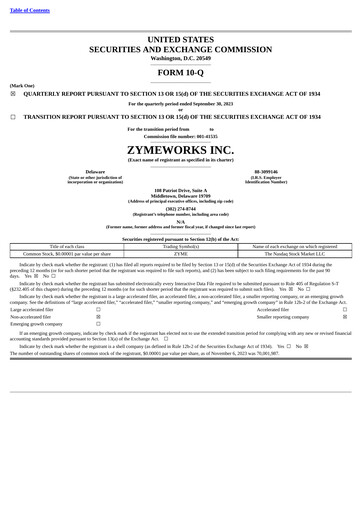 Miniature Zymeworks Rapport trimestriel 2023-q3