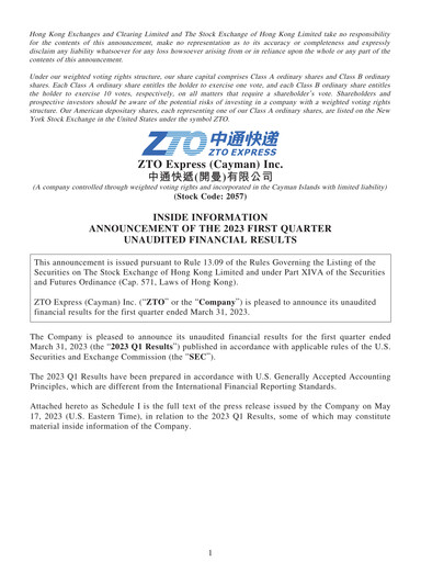 Miniature ZTO Express
 Rapport trimestriel 2023-q1