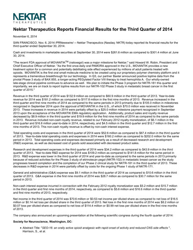 Thumbnail Nektar Therapeutics
 Quarterly Report 2014-q3