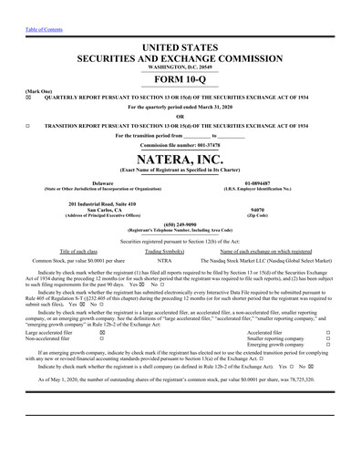 Miniature Natera Rapport trimestriel 2020-q1