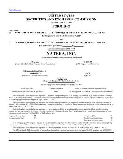 Miniature Natera Rapport trimestriel 2020-q3
