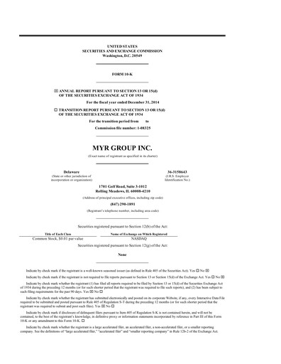 Thumbnail MYR Group Annual Report 2014