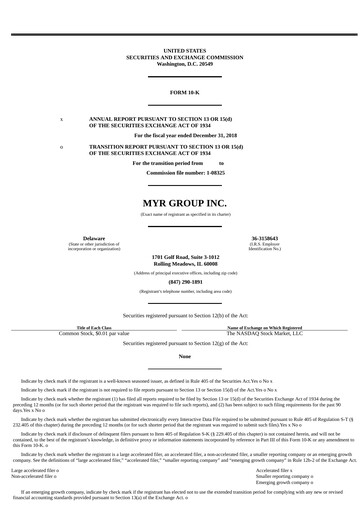 Thumbnail MYR Group Annual Report 2018
