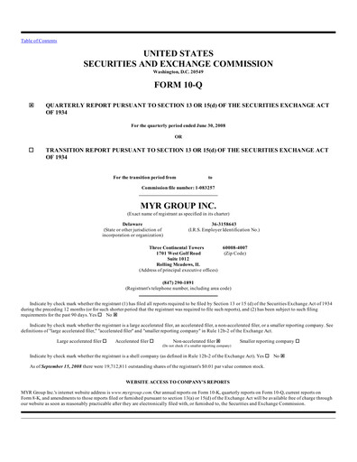 Thumbnail MYR Group Quarterly Report 2008-q2