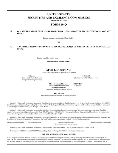 Thumbnail MYR Group Quarterly Report 2010-q2