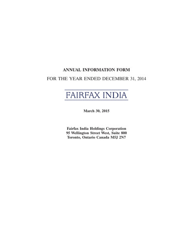 Thumbnail Fairfax India Holdings Annual Report 2014