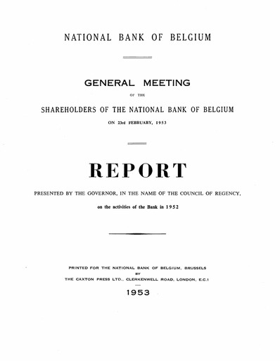 Miniature Banque nationale de Belgique Rapport annuel 1952