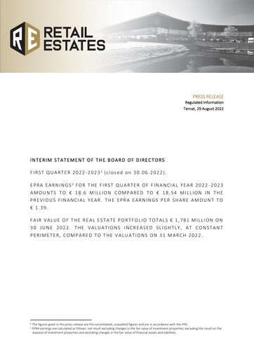 Vorschaubild Retail Estates NV Quartalsbericht 2022-2023-q1
