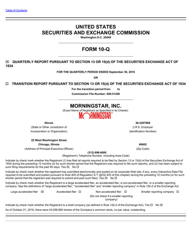Miniature Morningstar
 Rapport trimestriel 2016-q3