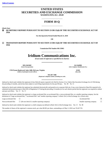 Thumbnail Iridium Communications Quarterly Report 2010-q1