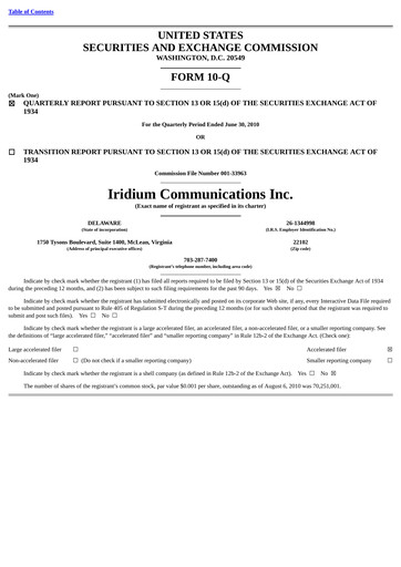 Thumbnail Iridium Communications Quarterly Report 2010-q2