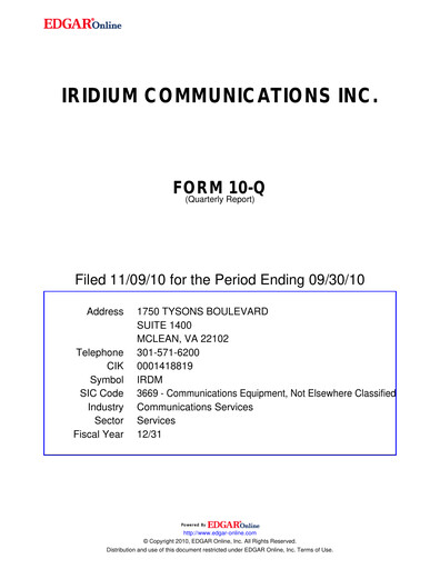 Thumbnail Iridium Communications Quarterly Report 2010-q3