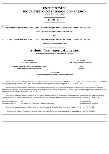 Thumbnail Iridium Communications Quarterly Report 2012-q3