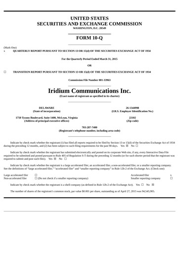 Thumbnail Iridium Communications Quarterly Report 2015-q1