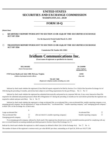 Thumbnail Iridium Communications Quarterly Report 2018-q1