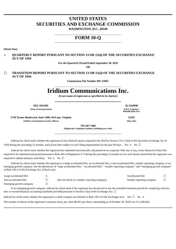 Thumbnail Iridium Communications Quarterly Report 2018-q3