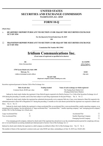 Thumbnail Iridium Communications Quarterly Report 2019-q2
