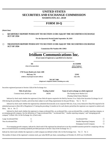 Thumbnail Iridium Communications Quarterly Report 2019-q3