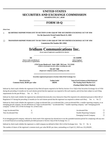 Thumbnail Iridium Communications Quarterly Report 2020-q1