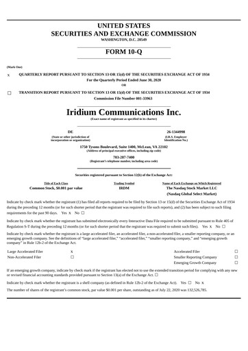 Thumbnail Iridium Communications Quarterly Report 2020-q2