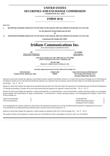 Thumbnail Iridium Communications Quarterly Report 2021-q2