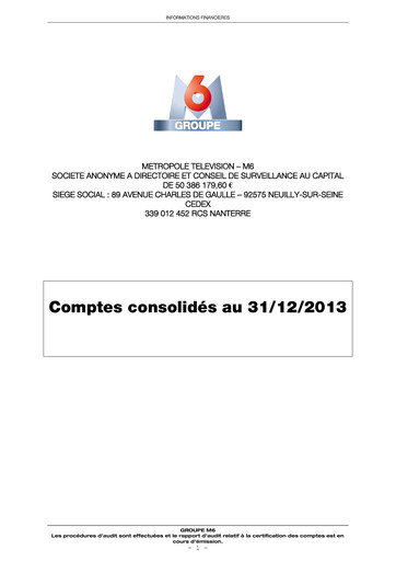 Miniature Métropole Télévision (Groupe M6) Rapport financier 2013