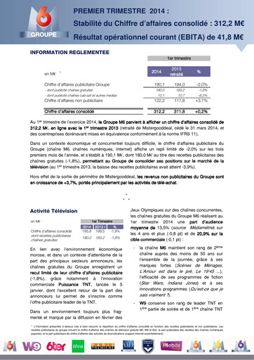 Miniature Métropole Télévision (Groupe M6) Rapport trimestriel 2014-q1