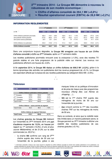 Miniature Métropole Télévision (Groupe M6) Rapport trimestriel 2014-q3