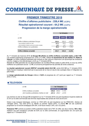 Thumbnail Métropole Télévision (Groupe M6) Quarterly Report 2019-q1