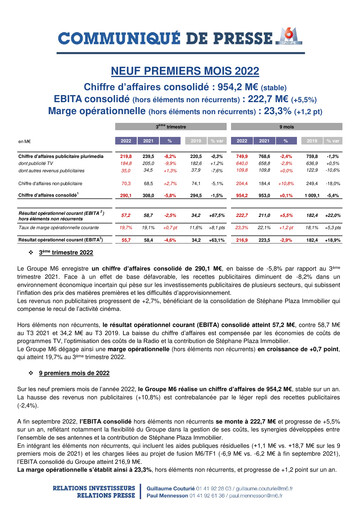 Miniature Métropole Télévision (Groupe M6) Rapport trimestriel 2022-q3