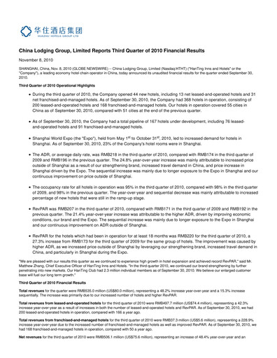 Miniature H World Group Limited Rapport trimestriel 2010-q3