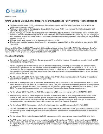 Miniature H World Group Limited Rapport trimestriel 2010-q4