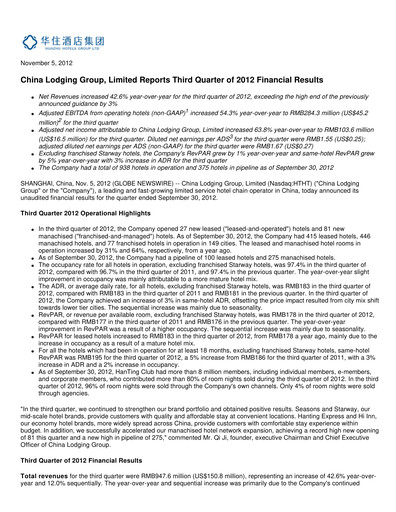 Miniature H World Group Limited Rapport trimestriel 2012-q3