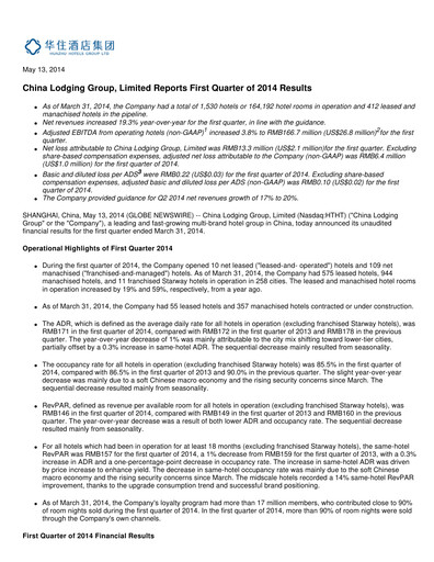 Miniature H World Group Limited Rapport trimestriel 2014-q1