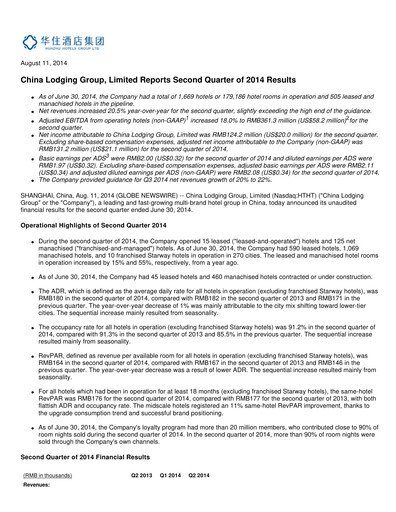 Miniature H World Group Limited Rapport trimestriel 2014-q2